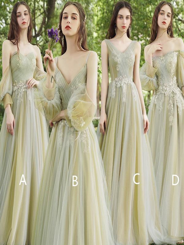 Mismatched Tulle Lace Appliques Bridesmaid Dresses, A-line Bridesmaid Dresses, Popular Bridesmaid Dresses, 2021 Bridesmaid Dresses - RongMoon