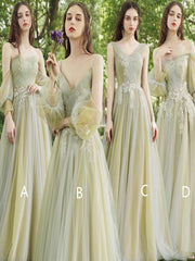 Mismatched Tulle Lace Appliques Bridesmaid Dresses, A-line Bridesmaid Dresses, Popular Bridesmaid Dresses, 2021 Bridesmaid Dresses - RongMoon