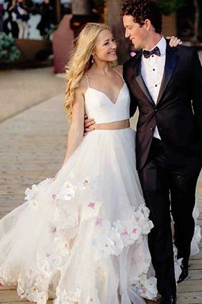 A-Line Two Piece Spaghetti Tulle Flower Wedding Dress