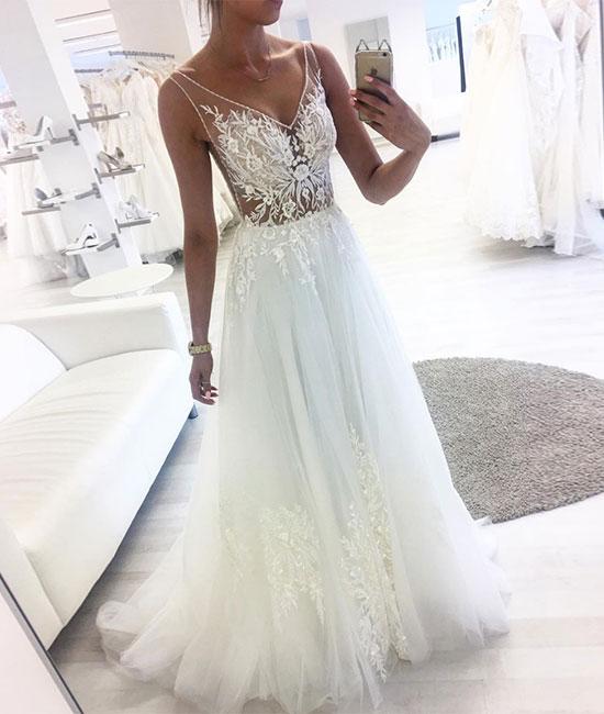 White V Neck Tulle See Through Long Wedding Dress