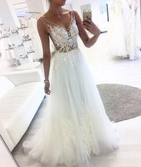 White V Neck Tulle See Through Long Wedding Dress