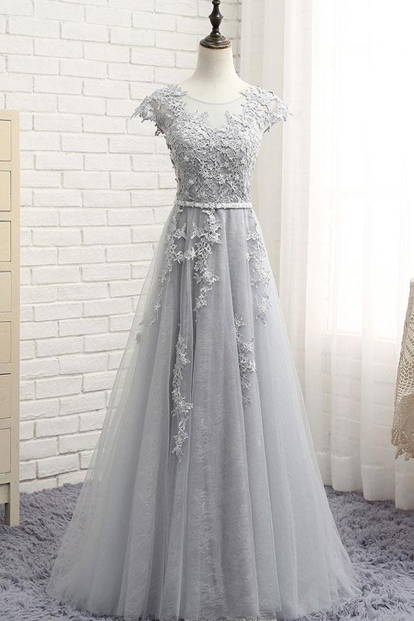 See Through Gray Cap Sleeves Tulle Appliques Scoop Tulle Prom Dress