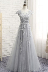 See Through Gray Cap Sleeves Tulle Appliques Scoop Tulle Prom Dress