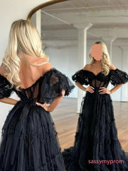 Off Shoulder Black Lace Short Sleeve Prom Dress