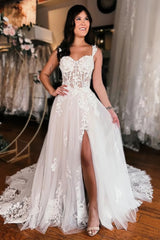 White Lace Off The Shoulder Wedding Dress with High Slit