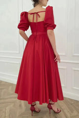 Puffy Sleeve Buttons Red Satin Prom Dress With Pockets