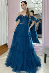 Off The Shoulder Beading Blue Ruffles Tulle Prom Dress