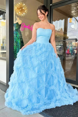 Light Blue Tulle Ruffle Long Strapless Prom Dress