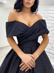 Off Shoulder Navy Blue Sequin Sparkle Prom Dress