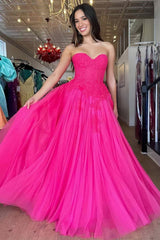 Hot Pink Tulle  Sweetheart Appliques Prom Dress