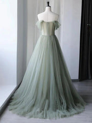 Green Tulle Floral Off The Shoulder Long Prom Dress