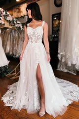 White Lace Off The Shoulder Wedding Dress with High Slit