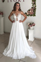 Appliques Beading Sheer Neck See Through Chiffon Wedding Dress