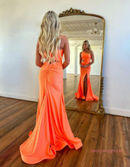 Orange Jersey Mermaid One Shoulder Prom Dress With Split