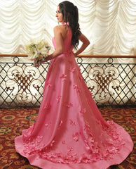 Halter Sleeveless Satin Flowers Pink A Line Prom Dress