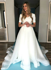 Short Sleeve A-Line White Organza Satin Wedding Dress