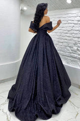 Off Shoulder Navy Blue Sequin Sparkle Prom Dress