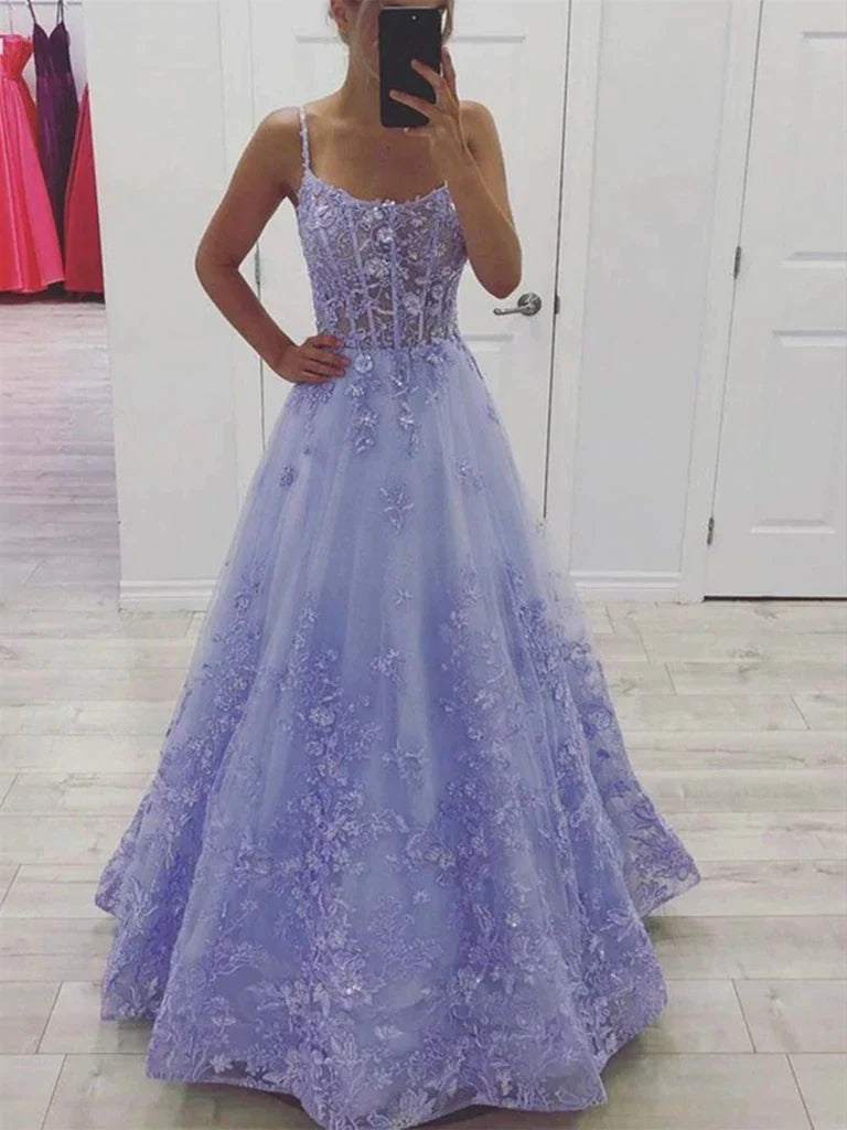 Lilac Backless Tulle Appliques Formal Prom Dress