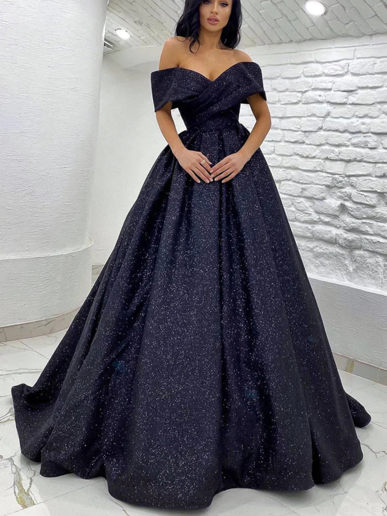 Off Shoulder Navy Blue Sequin Sparkle Prom Dress