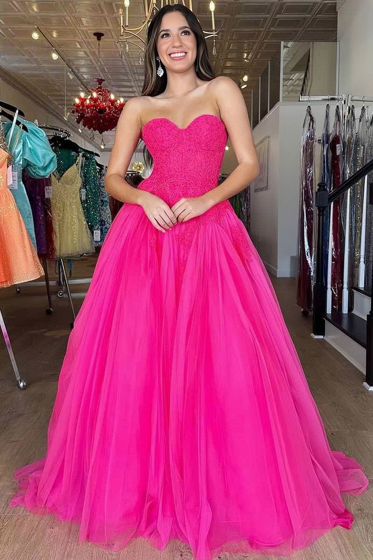 Hot Pink Tulle  Sweetheart Appliques Prom Dress