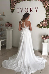 Appliques Beading Sheer Neck See Through Chiffon Wedding Dress
