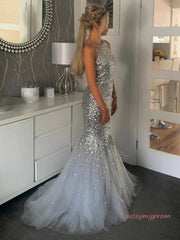 Trumpet Mermaid Sequin Silver Sparkle Tulle Prom Dress