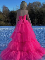 High Low Hot Pink Tulle Layers Prom Dress