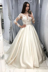 Long Sleeves Appliques V Neck Satin Wedding Dress