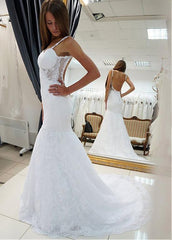 Tulle & Lace Spaghetti Straps Long Backless Mermaid Wedding Dress