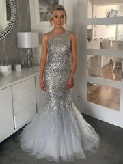 Trumpet Mermaid Sequin Silver Sparkle Tulle Prom Dress
