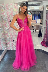 V Neck Beading Hot Pink A Line Tulle Prom Dress