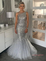 Trumpet Mermaid Sequin Silver Sparkle Tulle Prom Dress