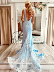Open Back V Neck Mermaid Blue Floral Long Prom Dress