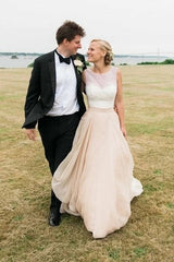 See Through Scoop Sleeveless Two Piece Champagne Wedding Dress