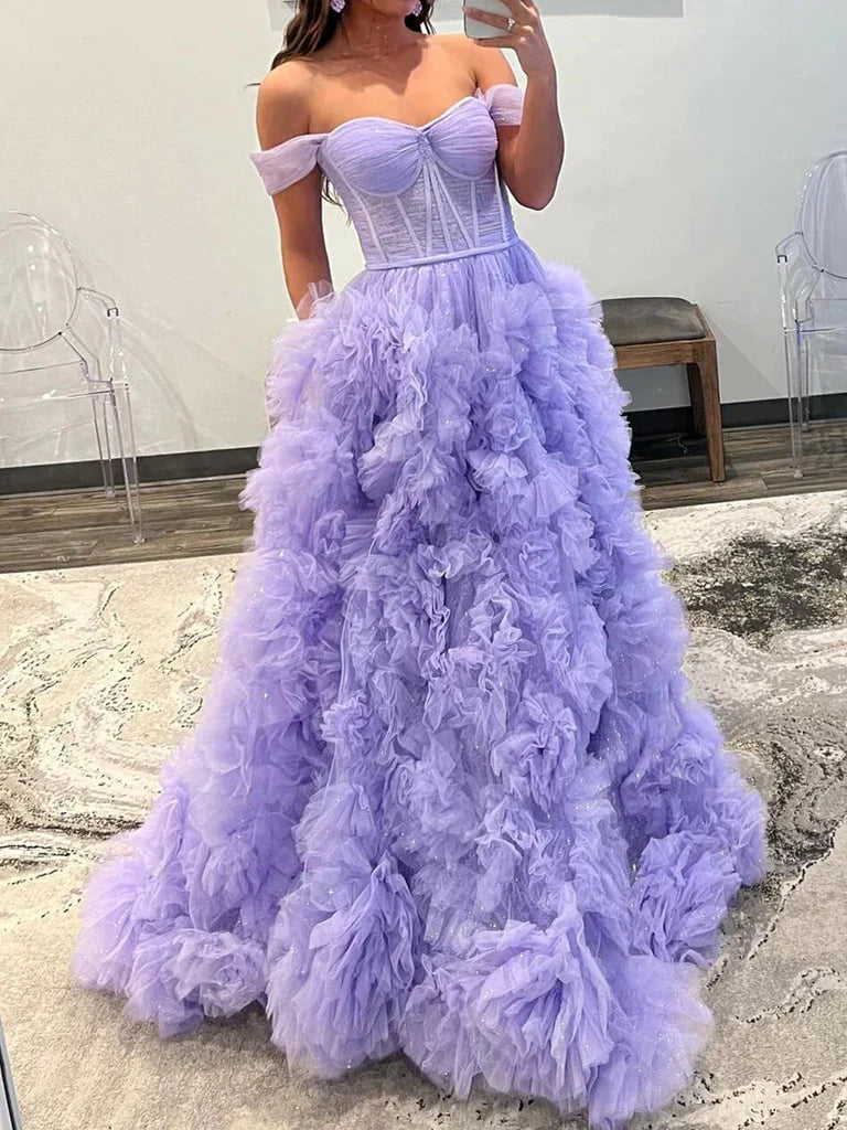Lavender Off Shoulder RufflesTulle Prom Dress