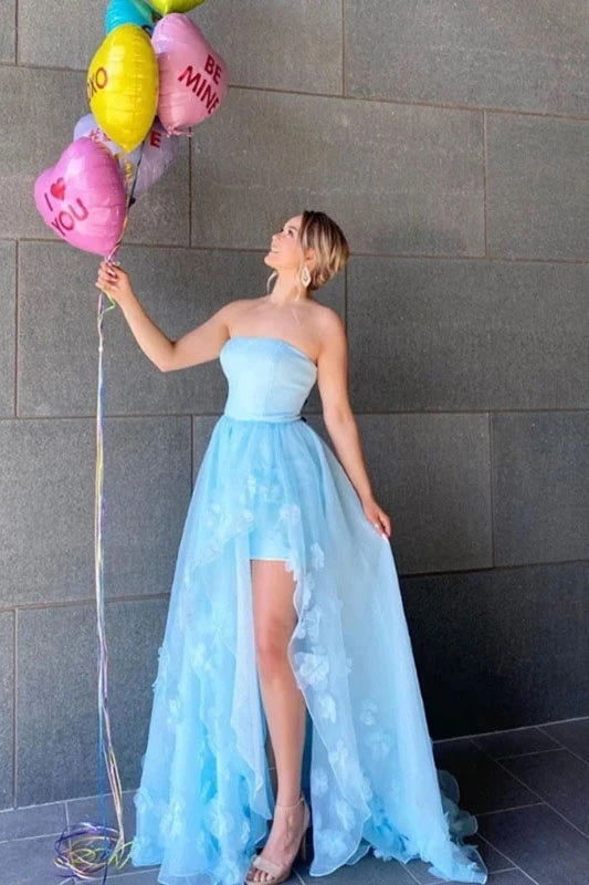 High Low Blue 3D Flower Strapless Tulle A Line Prom Dress