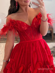 Tulle Floral Off Shoulder Red Feather Long Prom Dress