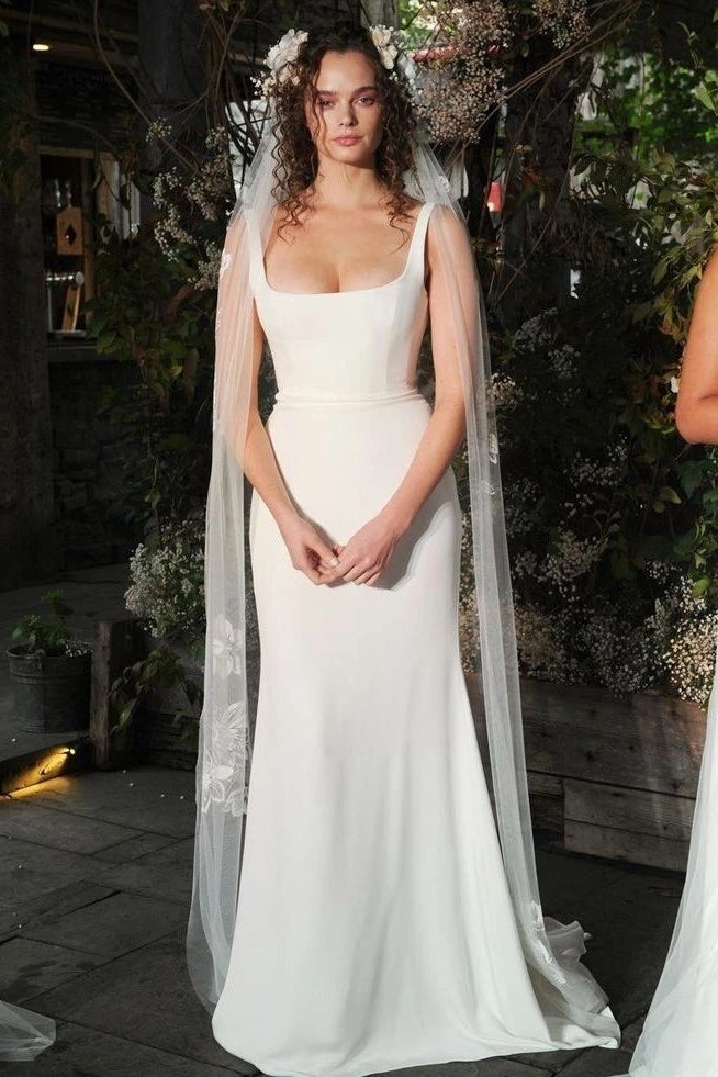Backless Straps Sheath Column Satin Sweep Train Wedding Dress