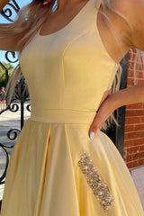 Yellow Satin Long Prom Dress with Beading Pocket