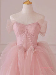 Off Shoulder Beading Pink Tulle Princess Prom Dress