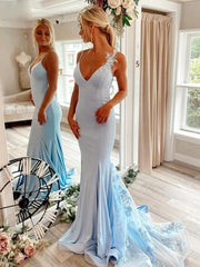 Open Back V Neck Mermaid Blue Floral Long Prom Dress