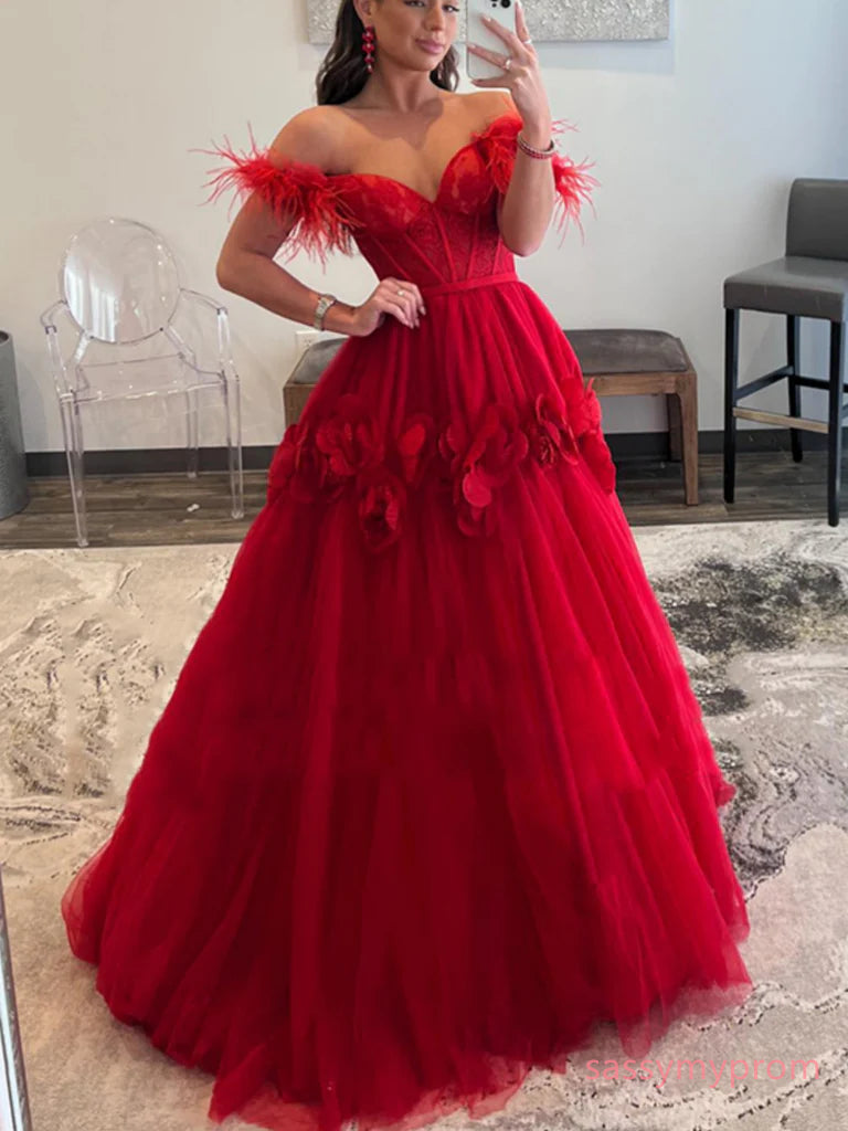 Tulle Floral Off Shoulder Red Feather Long Prom Dress