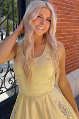 Yellow Satin Long Prom Dress with Beading Pocket