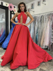 Satin Halter Keyhole Sweep Train Long Prom Dress
