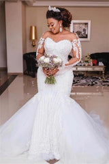 Long Sleeve Appliques Sheer Tulle Mermaid Lace Bridal Wedding Dress