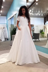 Short Sleeve Satin V Cut Neck Wedding Dress With Pockets