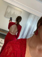 Long Sleeve Mermaid Red Keyhole Back Lace Prom Dress