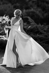 A Line High Slit Sexy V Neck Satin Wedding Dress