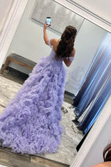 Lavender Off Shoulder RufflesTulle Prom Dress