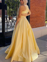 Yellow Satin Long Prom Dress with Beading Pocket